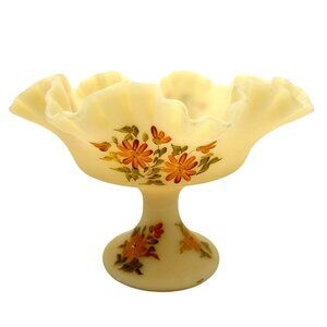 Vtg Fenton Hand Painted Custard Glass Candy Dish Satin Finish Florals No Flaws